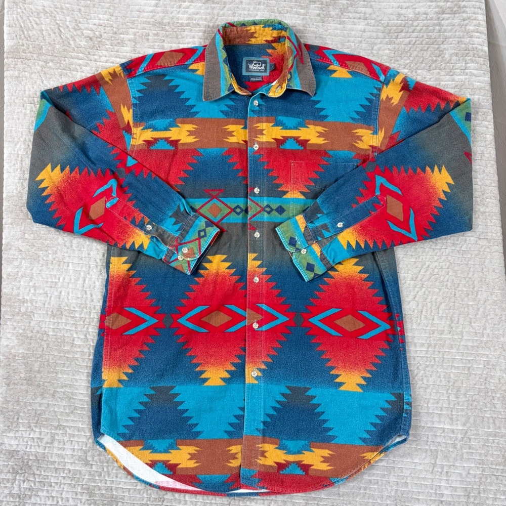 Woolrich Mens Flannel Shirt L Southwestern Aztec Geometric Cotton Made in USA